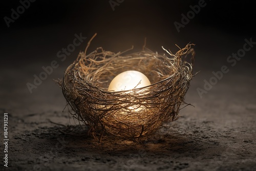 Warm glowing orb nestled inside a rustic dry twig nest on dark ground