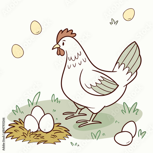 White chicken standing next to nest with eggs