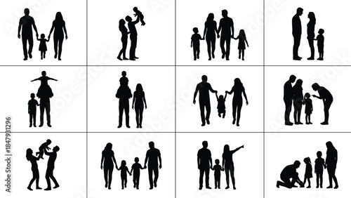 Family interaction silhouettes, black vector icons, parent and child poses, bonding moments, walking and playing scenes, relationship illustration set