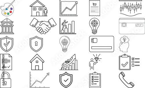 Set of Icons Representing Business, Finance, Security, and Real Estate Concepts