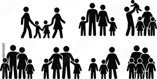 Family silhouette icons, black vector figures, diverse household groups, parent and child poses, inclusive family graphics, relationship illustration set