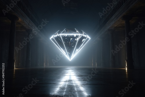 Massive glowing diamond hovering in a vast dark hall with reflective floor