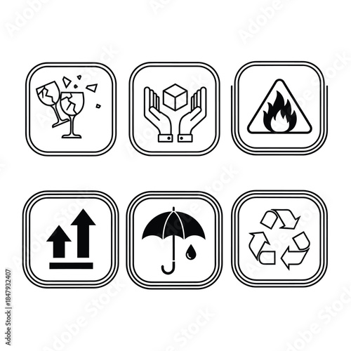 Essential packaging symbols for safe shipping and handling featuring fragile, keep dry, recycle, flammable, and handle with care icons, perfect for logistics