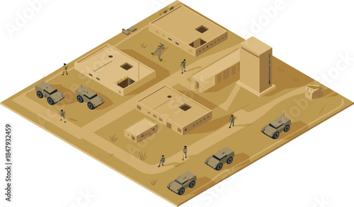 Desert Military Base Isometric Vector Illustration — Army Camp with Vehicles and Soldiers