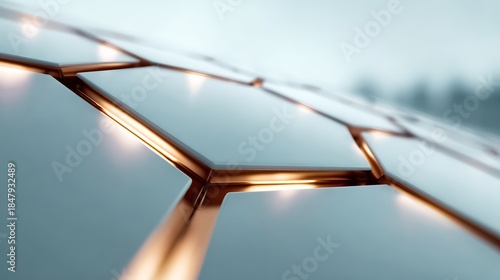 Close up of a hexagonal pattern with a metallic sheen. The pattern is illuminated, giving it a futuristic