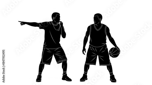 Black Silhouette Basketball Trainer Vector Coaching and Instructing with Whistle