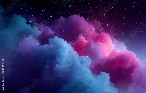 Colorful cloud of purple and blue with stars in the background. The sky is dark and the colors are vibrant