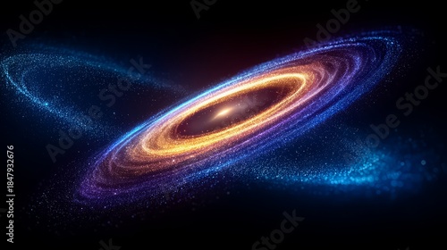 Colorful galaxy with a bright yellow and blue swirl. The galaxy is surrounded by a blue and purple background