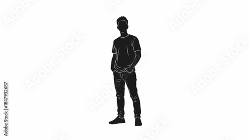 Silhouette of a young man standing with hands in pockets wearing casual clothes.