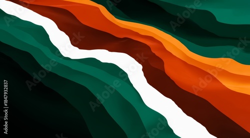 Colorful, abstract painting with a green and white stripe. The painting is full of different colors and shapes