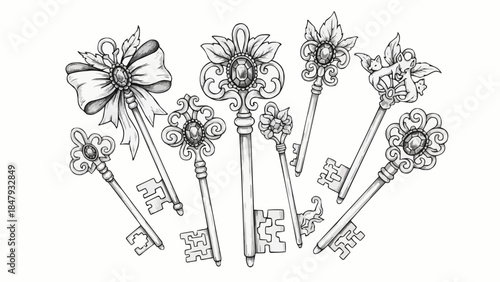 Collection of Ornate Antique Keys with Decorative Bows and Gemstones.
