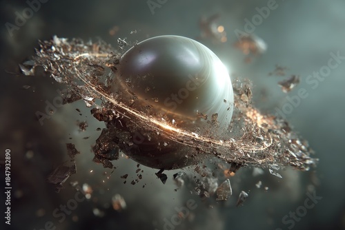 Shattered ring orbiting a glowing pearl-like planet in a cosmic storm