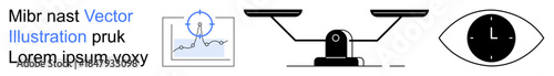 Time management, data analysis, decision-making, productivity, focus tracking, business strategy. a graph, a scale and an eye with a clock icon. Productivity and data analysis concept
