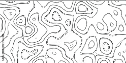 Black and white abstract contour lines forming an organic and irregular pattern resembling a topographic map with clean lines on a white background