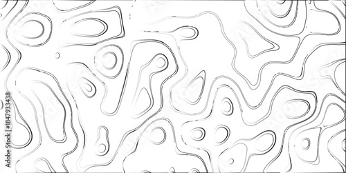 Black and white abstract contour lines with a distressed, textured effect, forming irregular loops and wavy shapes on a bright white background