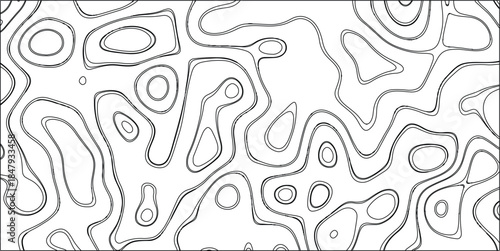 Black and white topographic map lines forming an abstract organic pattern with fluid, flowing contours and circular shapes, ideal for backgrounds and design elements