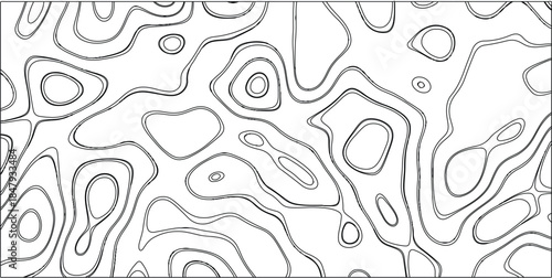 Bold black contour lines form an abstract, organic pattern across a clean white background, resembling topographical maps or flowing natural forms, ideal for graphic design and artistic backgrounds