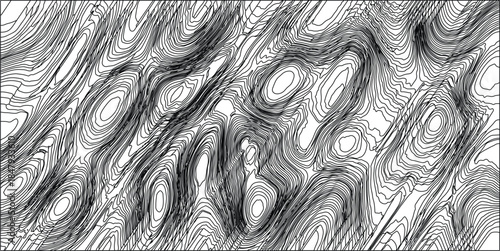 Dense black topographic contour lines forming a complex, organic, and visually striking abstract pattern with white negative space on a white background