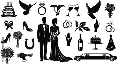 Wedding Celebration Black Silhouettes Set Including Bride and Groom Couple, Engagement Rings, Cake, Flowers, Wine Glasses, Limousine, and Shoes Isolated on 