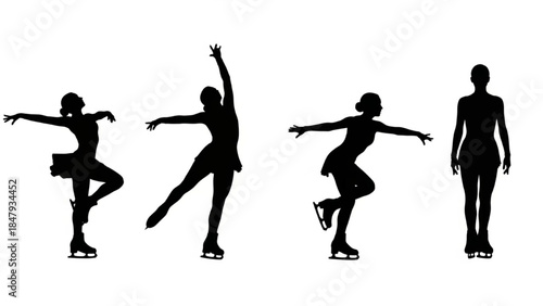 Black Silhouette Ice Skater Vector Spinning, Jumping, and Posing on Ice