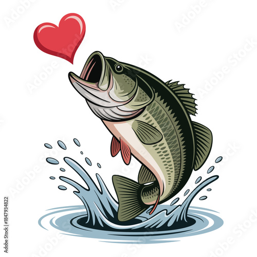A hand-drawn illustration of a largemouth bass seemingly leaping out of the water, its mouth closed and raised as if giving a kiss, with a red heart in the foreground and a white background.