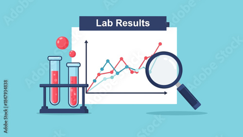 Lab results analysis with test tubes and magnifying glass