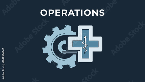 Medical operations management with gear and cross symbol