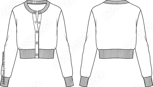 Women Cropped Cardigan Sweater Fashion Technical Sketch Template with Ribbed Trim Flat Garment Drawing Front and Back View Vector Illustration Design
