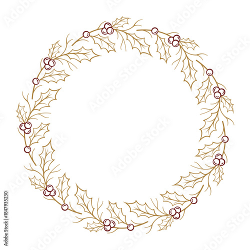 Golden holly wreath with berries. Christmas decorative frame