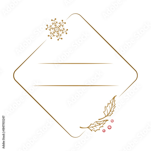 Christmas rotated square frame with holly and snowflake
