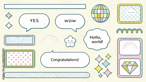A colorful collection of stationery elements and playful graphic design assets