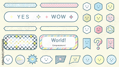 Colorful decorative elements speech bubbles and smiling faces on a pale background