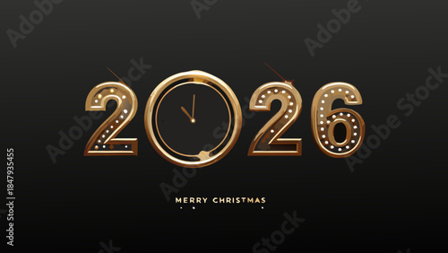 Golden new year 2026 clock design with christmas wishes on black background