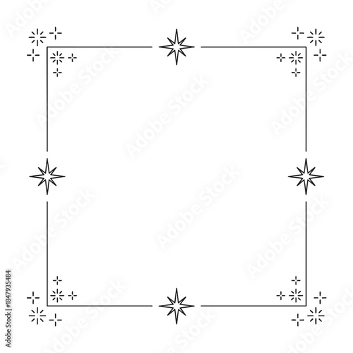 A simple square frame outlined with delicate starburst and plus sign decorative elements on a white background