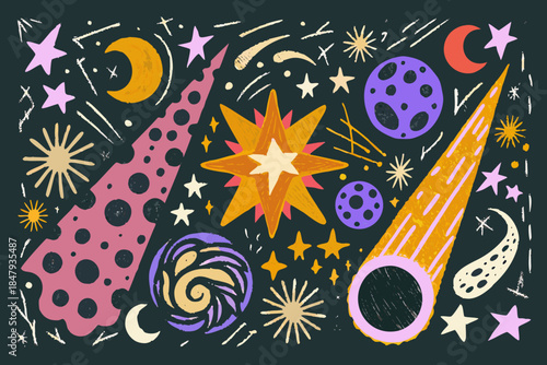 Colorful celestial illustration featuring stars planets moons and cosmic elements