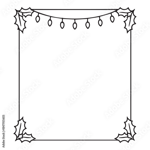 A simple black and white square frame adorned with festive holly leaves and a string of glowing lights
