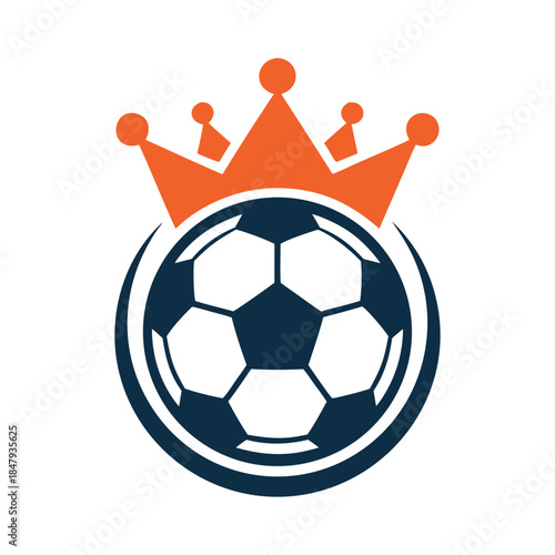 Football king emblem featuring a soccer ball topped with an orange crown isolated on white background.
