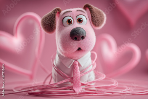 Playful pink puppy in a corporate outfit surrounded by playful hearts
