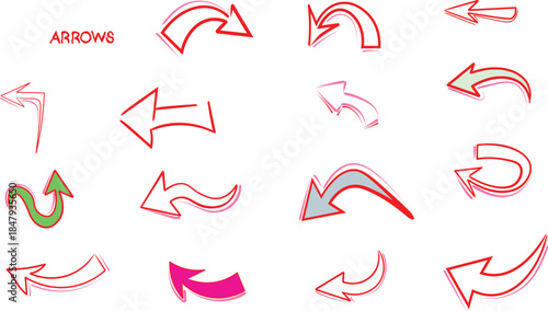 Collection of hand drawn sketchy arrow icons in various directions for navigation and direction concepts.