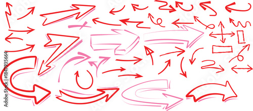 Collection of various hand drawn red arrows and direction indicators sketched on a clean white background.