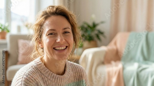A cheerful woman with curly hair smiling warmly in a bright, cozy living room.