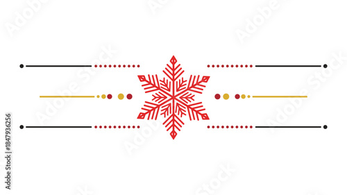 Decorative holiday text separator featuring a central red snowflake with black and gold lines isolated on white.
