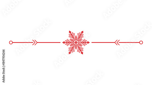 Decorative holiday separator line featuring a central red snowflake and geometric accents isolated on white
