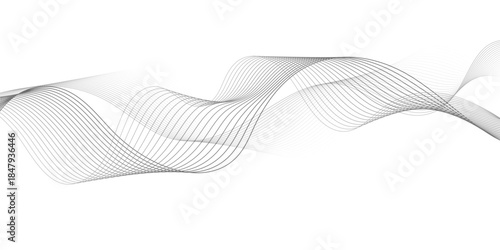 Abstract smooth wave on a white background. Dynamic sound wave flowing wave lines. Abstract background with silver waves for banner. Medium banner size. Vector background with lines. Victor 10 