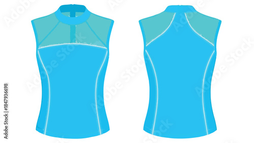 Sleeveless Athletic Top Design Front and Back Views in Vibrant Blue with Mesh Accents Showcasing Activewear Fashion.