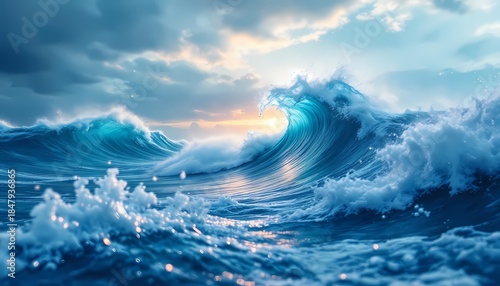 Powerful Ocean Waves Crashing at Sunset with Blue Water