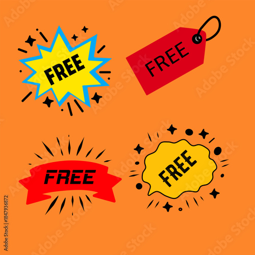 Free label illustrations set. Free flat sticker vector set. Free vector signs