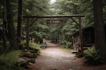 a forested summer camp entrance with wooden sign
