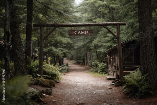 a forested summer camp entrance with wooden sign