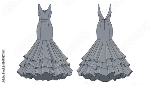 Elegant Grey Mermaid Gown Design with Cascading Ruffles Showcasing Front and Back Views for Fashion Illustration